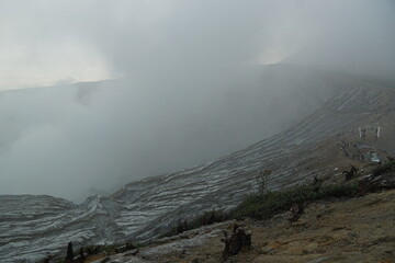 Volcanic eruption exploration ijen crater nature documentary foggy environment aerial view geological phenomena