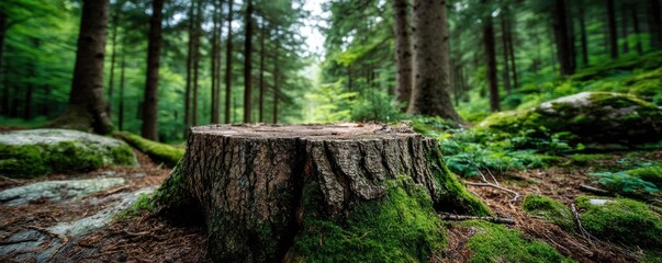 Tree stump symbolizing habitat loss due to illegal logging concept. A serene forest scene showcasing a moss-covered tree stump.