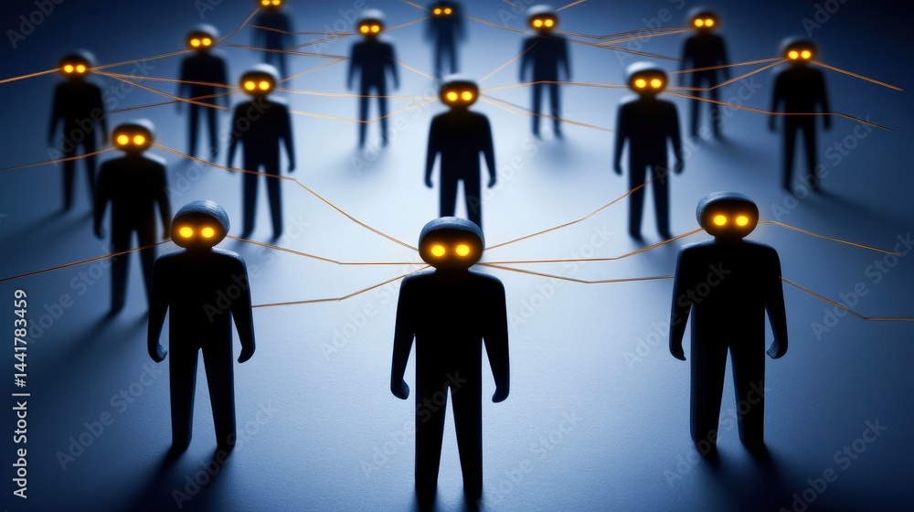 Poster silhouette figures connected by threads in a large group.