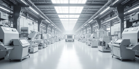 Fototapeta premium Robotic Machines Factory Line Production Equipment Clean Bright Hall Interior
