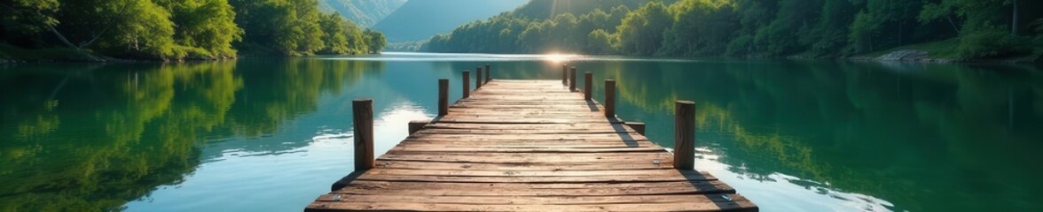 Fototapeta premium Rustic wooden fishing pier extending over calm river, horizon, outdoors, wood