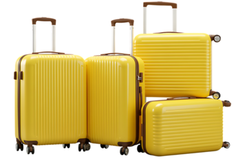 A group of four yellow suitcases of different sizes arranged together on a black background on transparent background