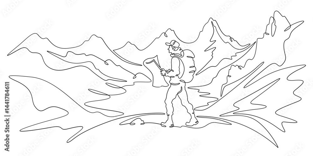 Poster continuous one line drawing tourist with a map. traveler with a backpack and in shorts against the b