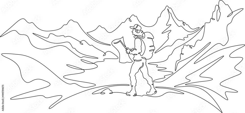 Poster continuous one line drawing tourist with a map. traveler with a backpack and in shorts against the b