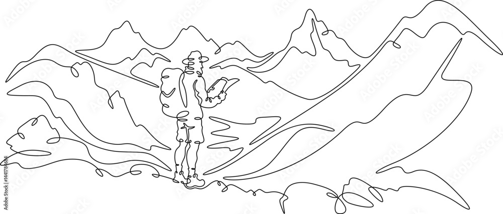 Poster continuous one line drawing tourist with a map. traveler with a backpack and in shorts against the b