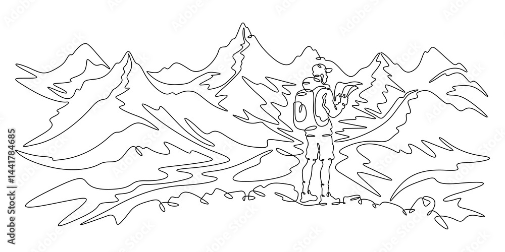 Poster continuous one line drawing tourist with a map. traveler with a backpack and in shorts against the b