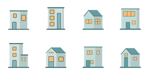 Collection of Simple Residential Building Illustrations with Doors and Bright Windows