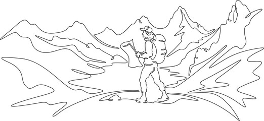 Obraz premium Continuous one line drawing tourist with a map. Traveler with a backpack and in shorts against the background of mountains. Mountain landscape.One continuous line isolated minimal illustration.Not AI.