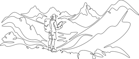 Continuous one line drawing tourist with a map. Traveler with a backpack and in shorts against the background of mountains. Mountain landscape.One continuous line isolated minimal illustration.Not AI.