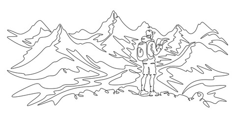 Continuous one line drawing tourist with a map. Traveler with a backpack and in shorts against the background of mountains. Mountain landscape.One continuous line isolated minimal illustration.Not AI.