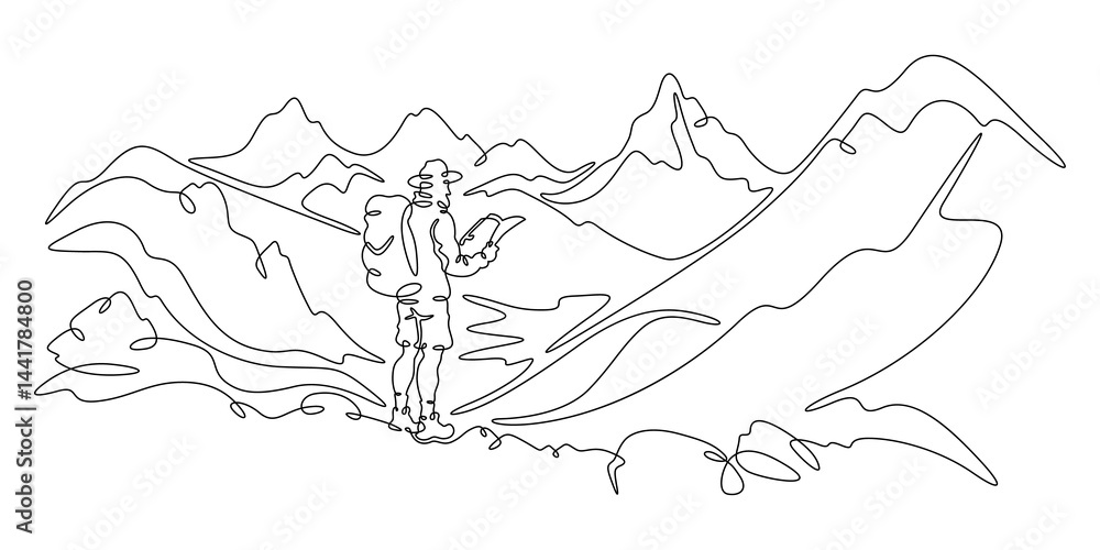 Poster continuous one line drawing tourist with a map. traveler with a backpack and in shorts against the b