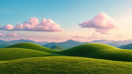 Obraz premium illustration of Summer fields landscape with a dawn,Rainbow, green grass hills, bright color blue sky, country background,banner resting vacation.