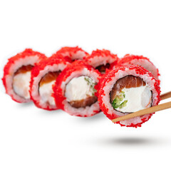 sushi roll with tobiko curd cheese and red fish