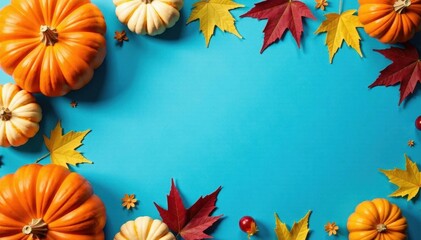 Scattered pumpkins & autumn leaves arranged artistically on a bright blue , arrangement, vintage