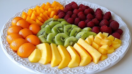 Colorful fruit platter with mango, kiwi, raspberries, and oranges