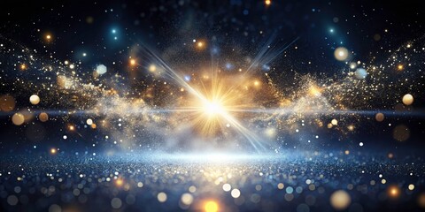 Fototapeta premium Double Exposure Dark Background Abstract Art: Moving White Particles, Ethereal Light, Cosmic Dust, Galaxy Nebula