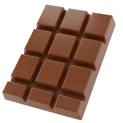 A close up shot of a milk chocolate bar with twelve squares on a dark black background surface on transparent background