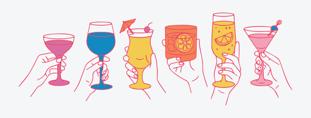 Colorful illustration of hands holding various cocktail glasses with different drinks and garnishes, for summer party, bar, celebration designs. Vector illustration