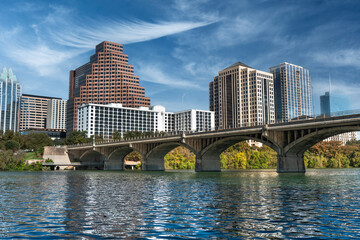 Fototapeta premium Austin Texas skyline over Colorado River and Congress Bridge