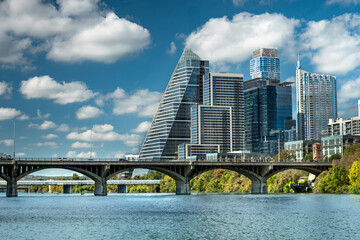 Austin Texas skyline over Colorado River and Congress Bridge
