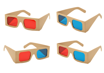 Four pairs of cardboard d glasses with red and blue lenses on a plain black background studio shot on transparent background