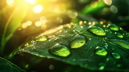 Large beautiful drops of transparent rain water on a green leaf macro