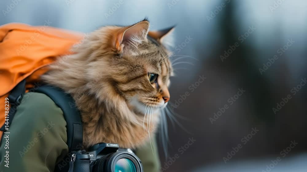 Poster cat wearing a backpack and a green jacket is looking at the camera. the cat is wearing a camera on i