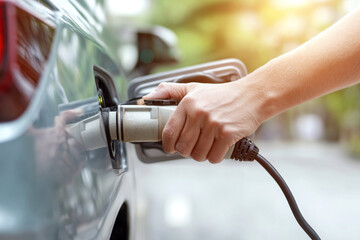 Hand plugging charging cable into electric car at EV station