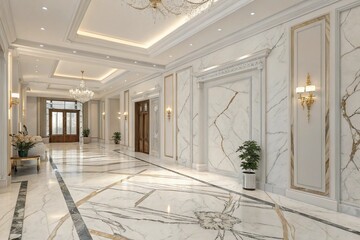 Fototapeta premium Luxurious hotel lobby, expansive marble floors,, natural light, modern chandelier, minimalist reception desk, white and gold color scheme, elegant interior design. Hallway