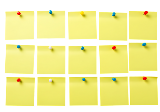 Fifteen yellow sticky notes pinned to a white surface with various colored push pins in a grid pattern on transparent background