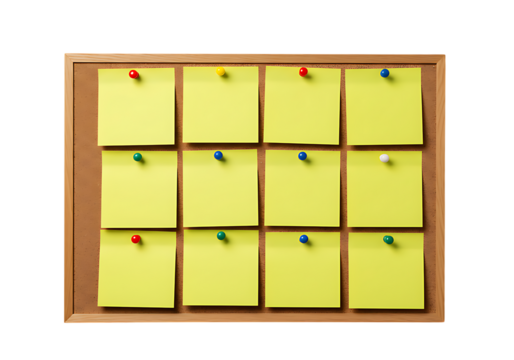 Cork board with twelve yellow sticky notes attached using colorful push pins in a grid pattern on transparent background