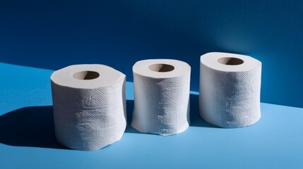 three rolls of toilet paper on a blue background.