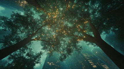 Looking up at the green tops of trees