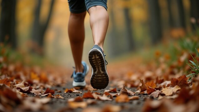 Female runner moving along tree-lined trail