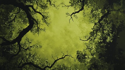 Looking up at the green tops of trees