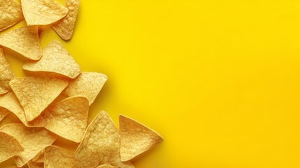 Nachos tortilla border on yellow background top view space for text