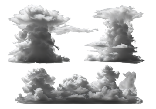 A collection of fluffy and billowing clouds isolated against a black transparent background