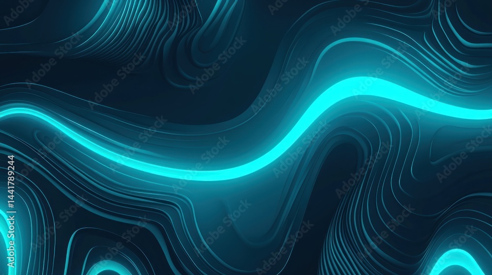 Poster abstract teal and black wavy lines create a dynamic visual effect.