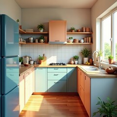 Fototapeta premium Minimal kitchen setup with cluttered countertops, home decor, clutter, kitchen essentials