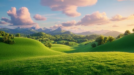 Obraz premium illustration of Summer fields landscape with a dawn,Rainbow, green grass hills, bright color blue sky, country background,banner resting vacation.