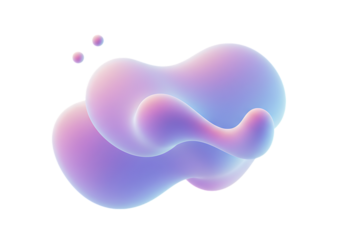 Abstract rendering of a soft purple and pink gradient blob with smaller spheres floating above it on transparent background