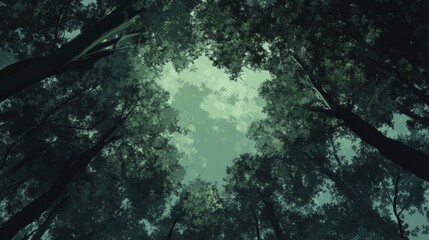 Looking up at the green tops of trees