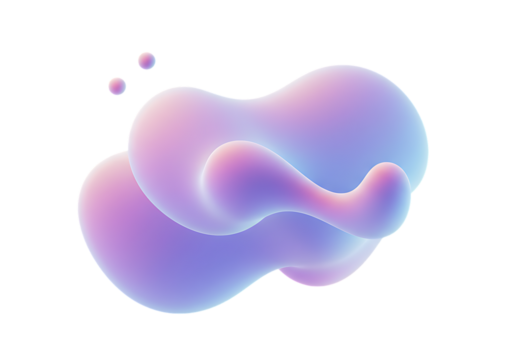 Abstract rendering of a soft purple and pink gradient blob with smaller spheres floating above it on transparent background