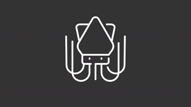 Animated squid line white line icon. Seafood animation. Squeezing, floating. Octopus ocean. Marine life, underwater. Food industry. Isolated element on dark background. Alpha transparent video