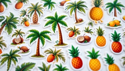 Fototapeta premium Tropical themed stickers with palm trees, coconuts, and pineapples.