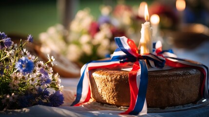 Traditional Slovenian potica cake with festive ribbons, glowing candlelight, alpine wildflowers; celebrating national pride and heritage.