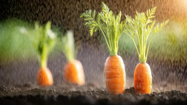 Three carrots are planted in the dirt, with one of them being the largest. The other two are smaller and are positioned in front of the larger carrot. Concept of growth and potential