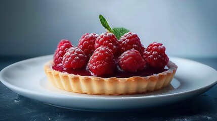 close-up of a fresh raspberry tart dusted with powdered sugar and garnished with a small green leaf on a white plate, evoking freshness and sweetness