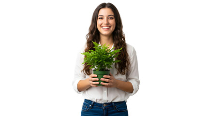 Woman holding green plant in pot smiling indoor gardening home decor plant care happy person lifestyle on transparent background