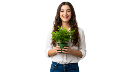 Woman holding green plant in pot smiling indoor gardening home decor plant care happy person lifestyle on transparent background